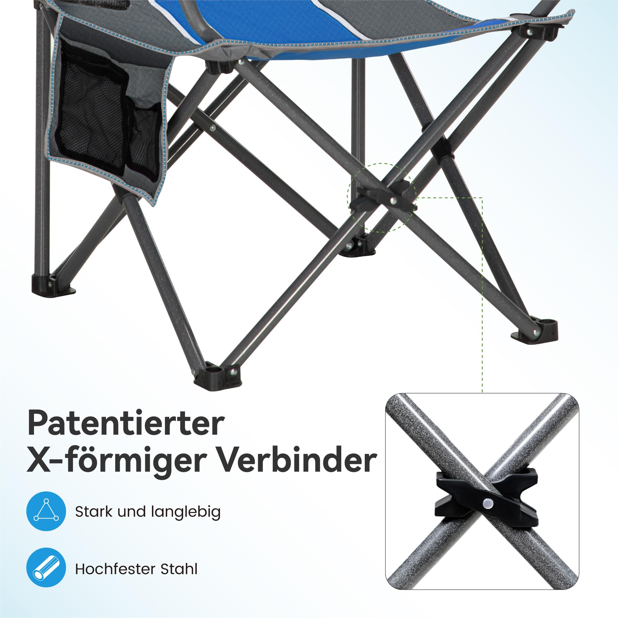 LET'S CAMP Silla plegable para camping, hasta 160 kg | Con soporte para bebidas, bolsa de transporte XL, silla plegable, color azul