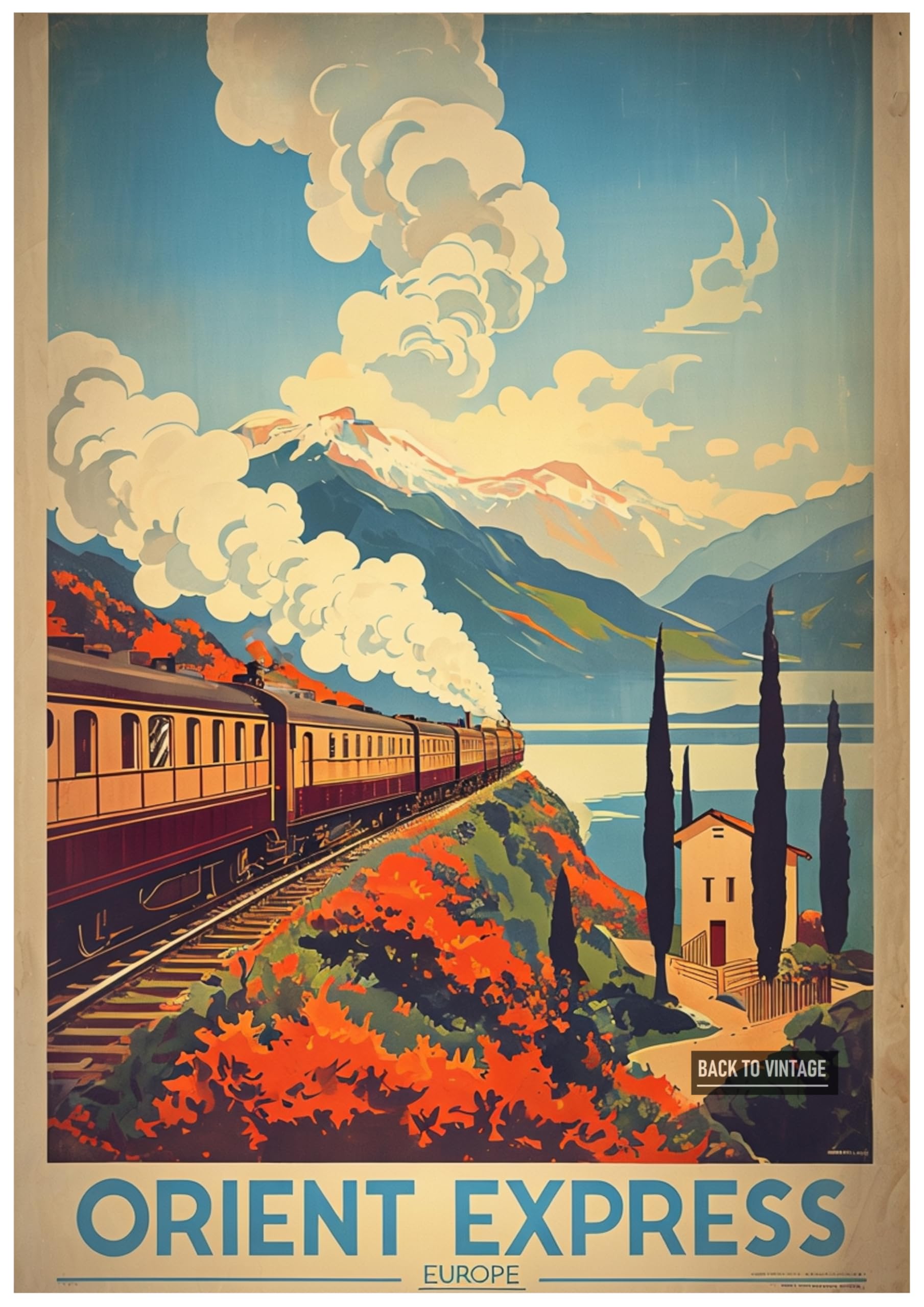 Back To Vintage Multicoloured Art Deco 'Orient Express' Scenic Travel Poster Illustration - Retro Europe Travel Poster A4 Size Vintage Wall Art Print Of Famous European Destinations Ideal For Home Or Office Decor