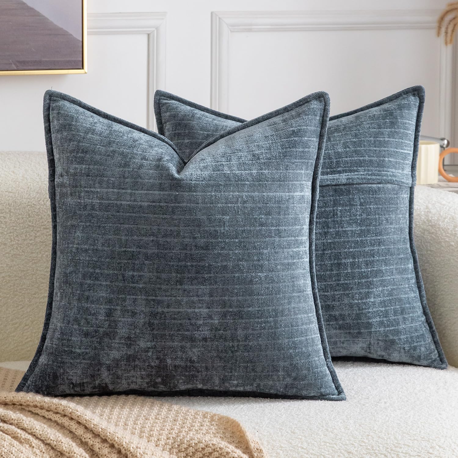 Madizz Pack of 2 Decorative Striped Cushion Covers Vintage Boho Soft Chenille Throw Pillows Luxurious Pillow Cases for Couch Sofa Bedroom Living Room 40x40 CM, Dark Blue Grey โ image 1