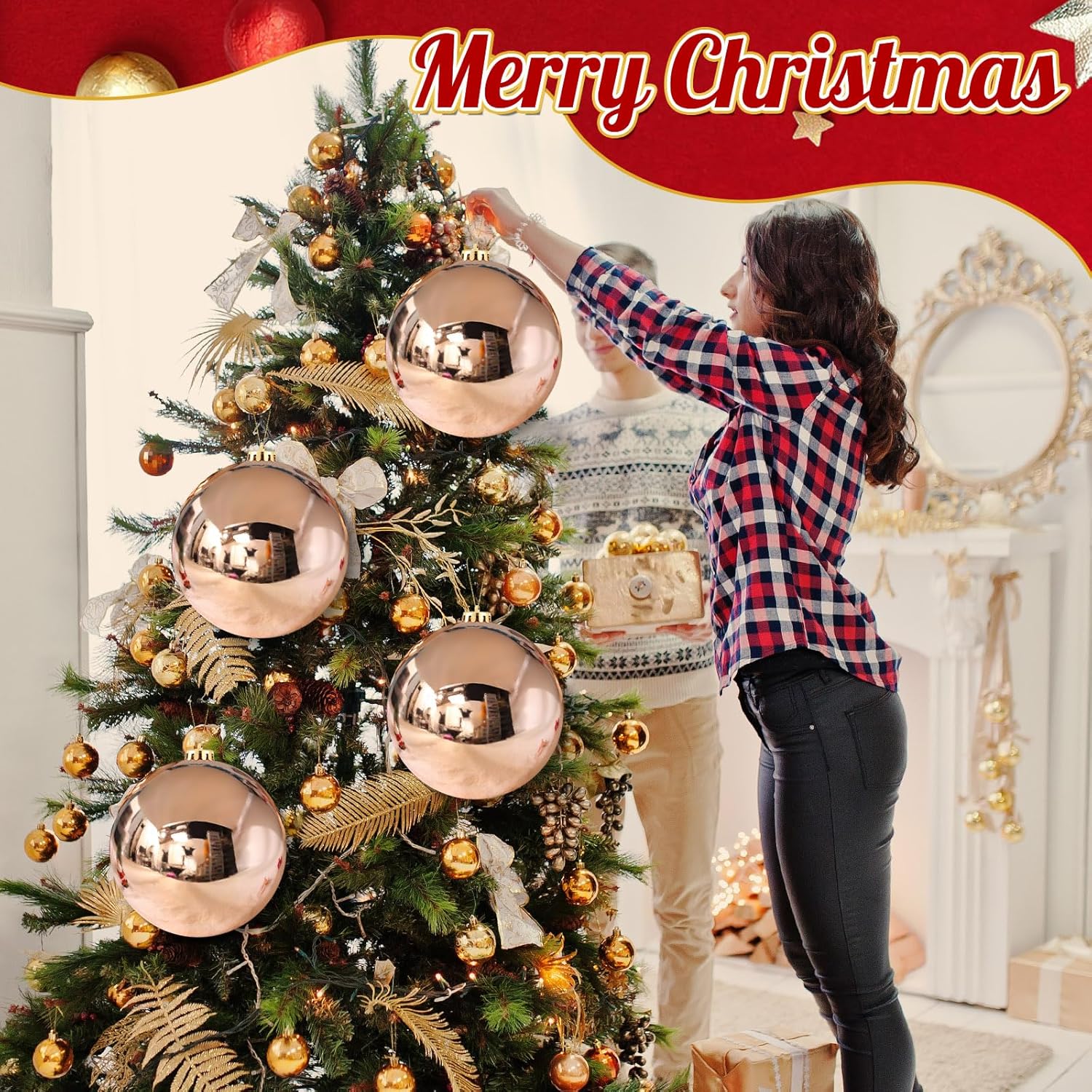 Zubebe 4 Pcs Extra Large Christmas Ball Ornaments 8'' (200 Mm) Giant Oversized Plastic Xmas Ball Big Hanging Christmas Tree Ornaments for Holiday Party Outdoor Decor(Champagne Golden)