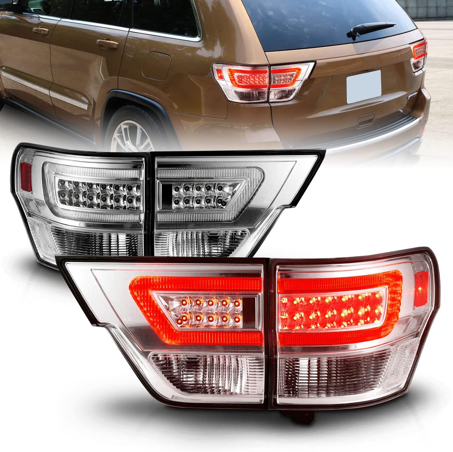 AmeriLite for 2011-2013 Jeep Grand Cherokee WK2 LED Tube Chrome Replacement Tail Lights Assembly Set - Passenger and Driver Side