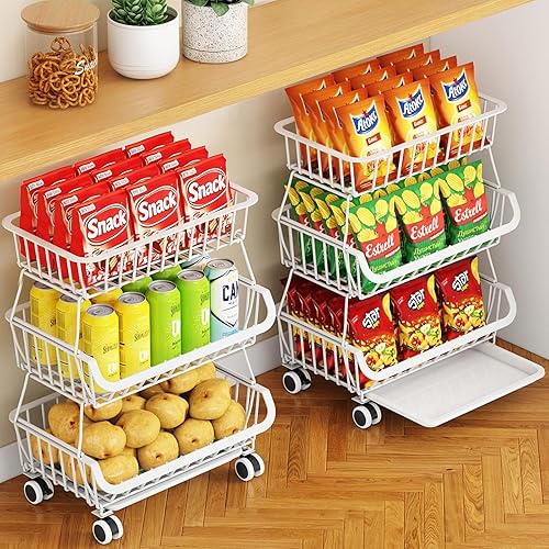 Miniatura 8 de Miyawell Cesta de almacenamiento de frutas y verduras para cocina - Carrito de cestas apilables de alambre de metal de 4 niveles con ruedas Bronce