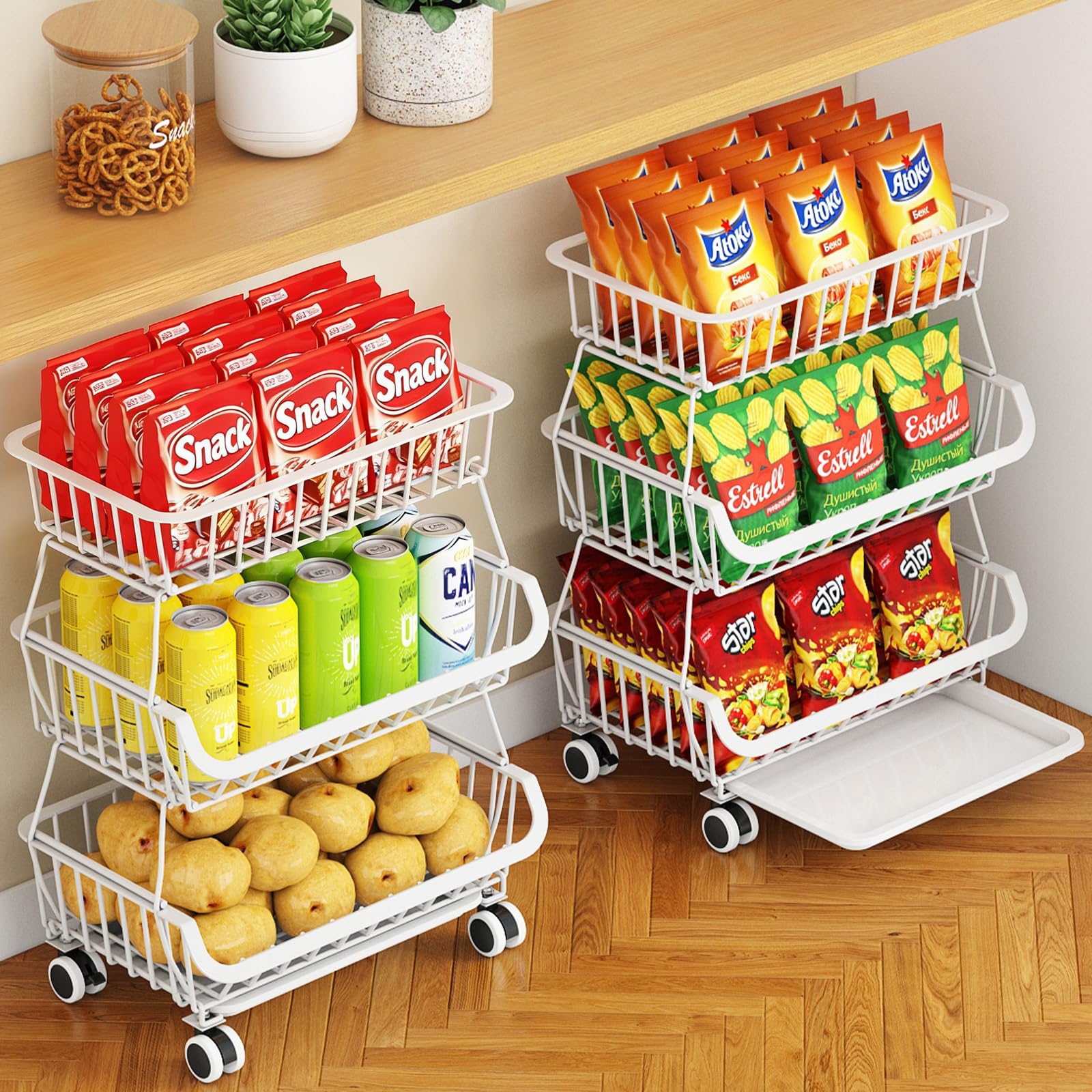 Miyawell 3-Tier Rolling Pantry Cart with Wheels, Stackable Wire Storage Floor Organizer for Kitchen Pantry Snack Shelves, Fruit Basket Stand, Vegetable Storage Rack for Food Snacks Onion Potato, White