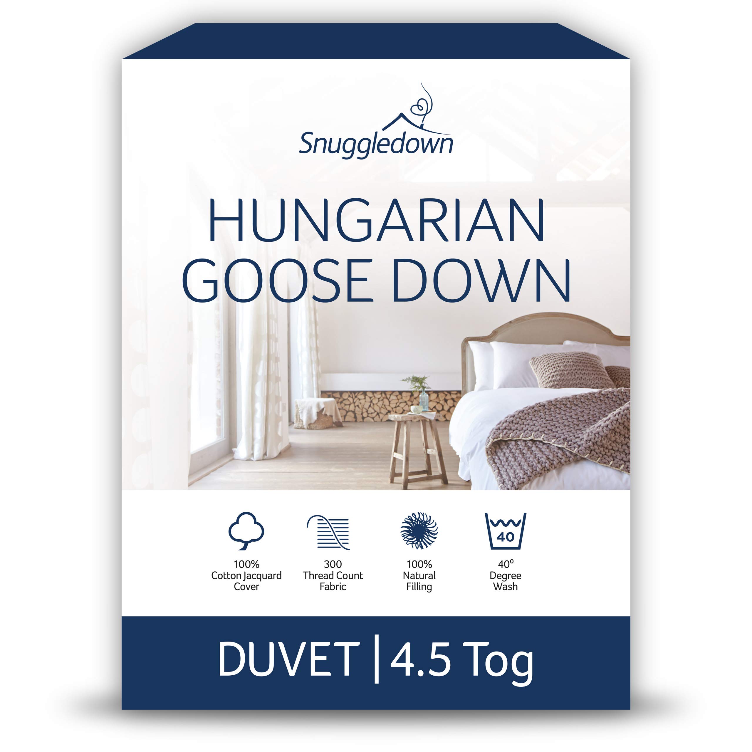 Snuggledown Hungarian Goose Down Double Duvet - 4.5 Tog UK-Made Luxury Double Quilt, Ethically Sourced 80% Down, 300tc Jacquard Cotton Cover - Soft, Breathable & Lightweight for Summers (200 x 200cm)