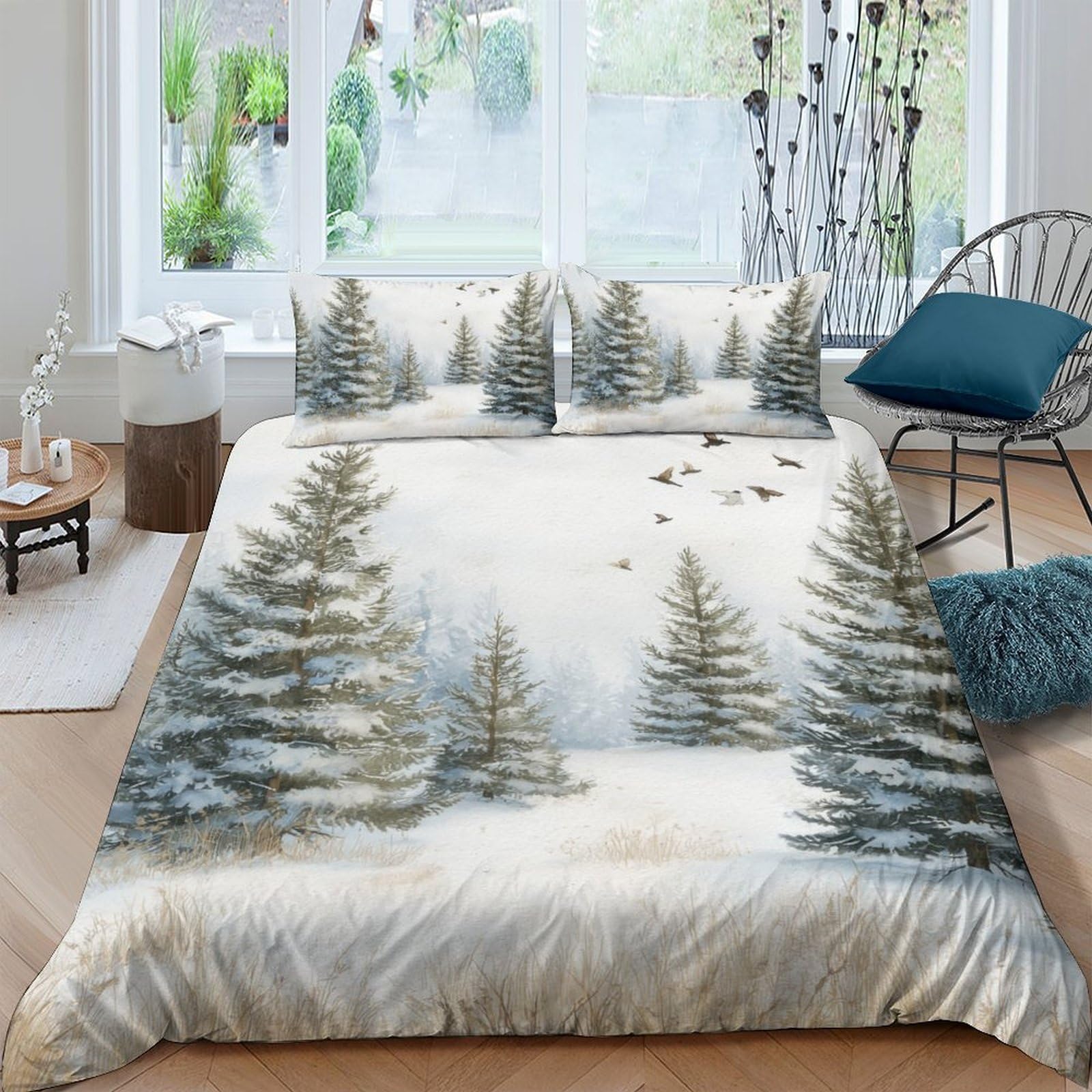 GPLZQXKJNH 3D Printed Winter Forest Duvet Cover Microfiber Soft Breathable Snow Pine Bedding Set with 2 Pillowcases for Bedroom Decor Single（135x200cm）