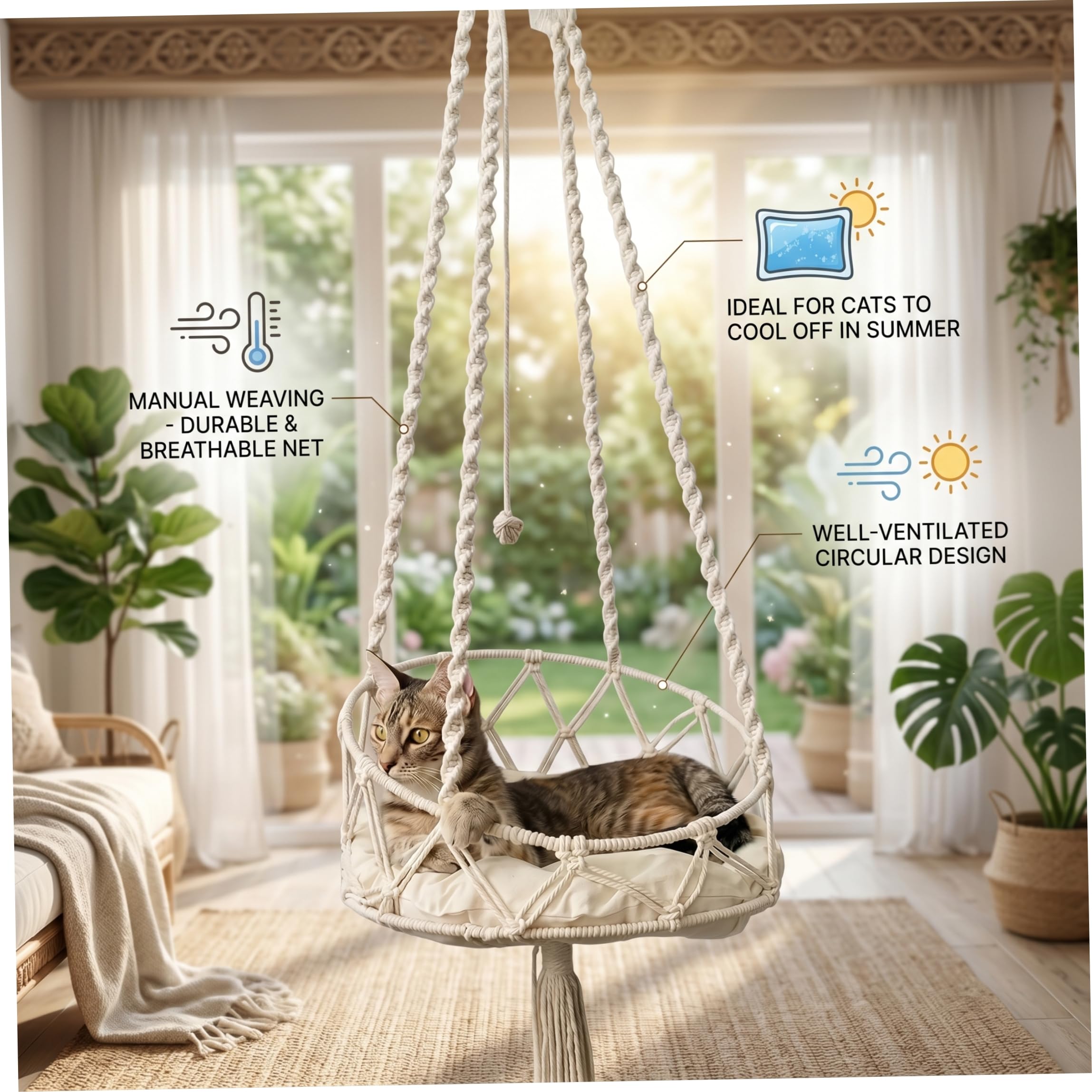 Handgewebte hängende Katzenbett-Hängemattenschaukel mit weichem Kissen und Bommel, Wand- oder Fenstermontage, weißes Katzenzubehör für drinnen und draußen