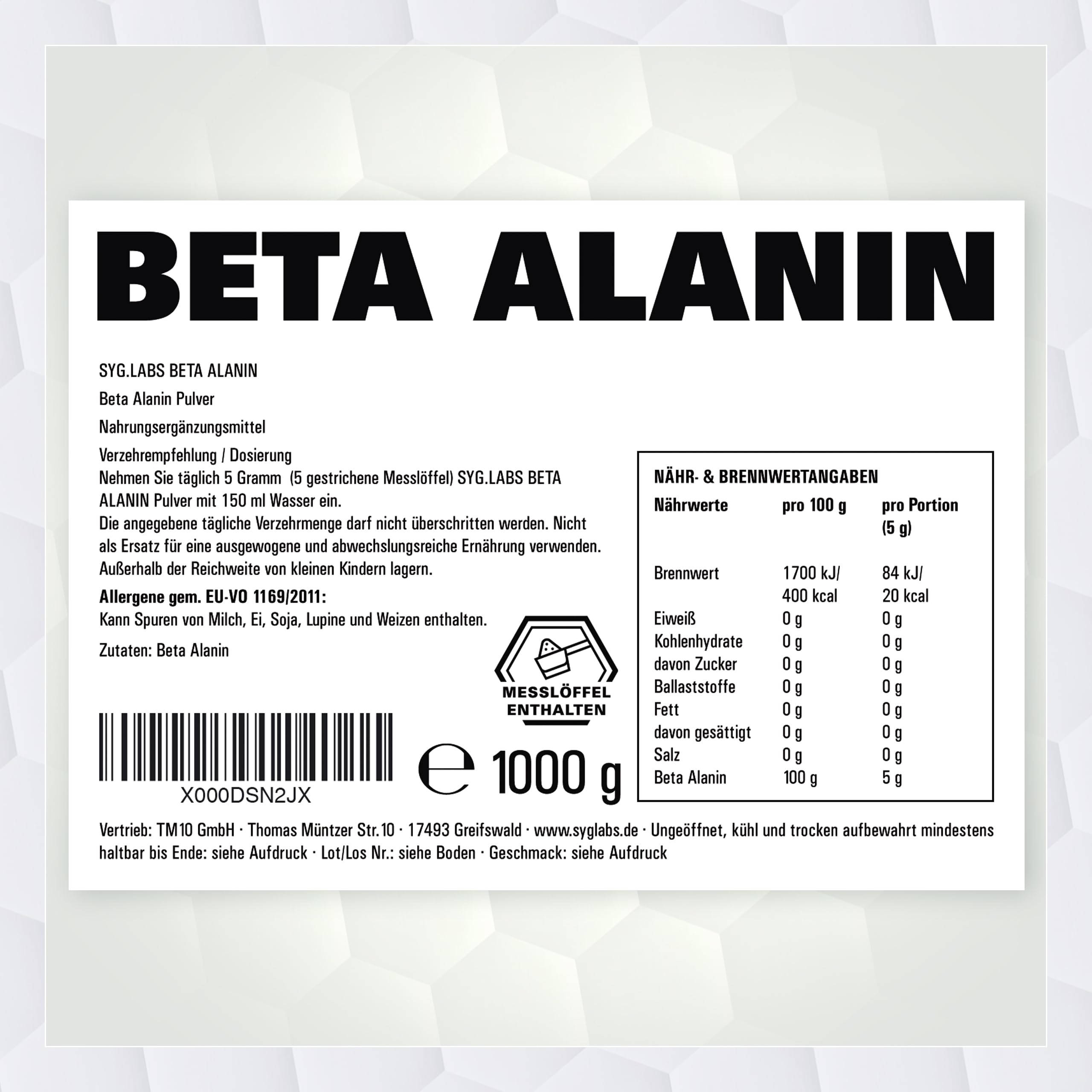 Beta Alanin - 1000g reines Beta Alanine Pulver - vegan und ohne Zusätze - mit Messlöffel