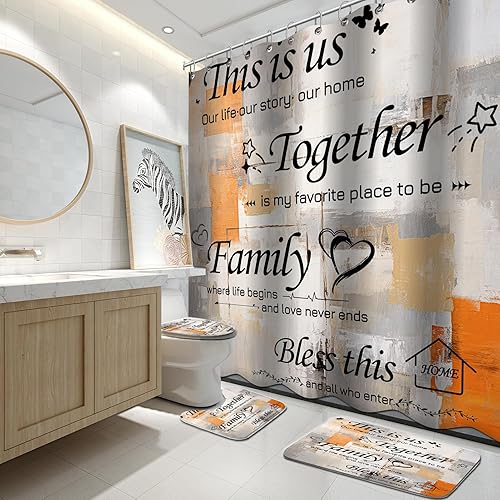 Lnond Juego de 4 cortinas de ducha con alfombras, color naranja y gris motivacional para el hogar, juegos de baño familiares con cortina de ducha y
