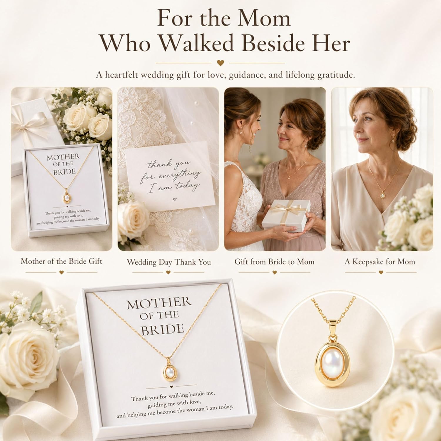 MissDaisy-Mother of the Bride Necklace Gift - Wedding Day Jewelry for Mom from Daughter with Message Card and Gift Box - 18K Gold Plated Oval Pearl-Style Pendant