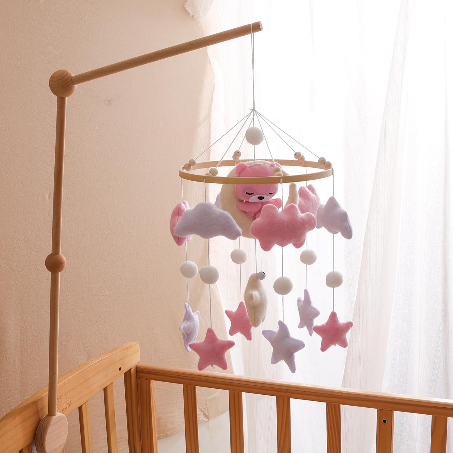 GOODMOM Baby Crib Mobile for Boys Girls Sleeping Bear Mobile for Crib, Baby Bassinet Mobile Toy for Soothing Sleep Gender Neutral Nursery Mobile - Star, Moon, Cloud, Bear(Pink)