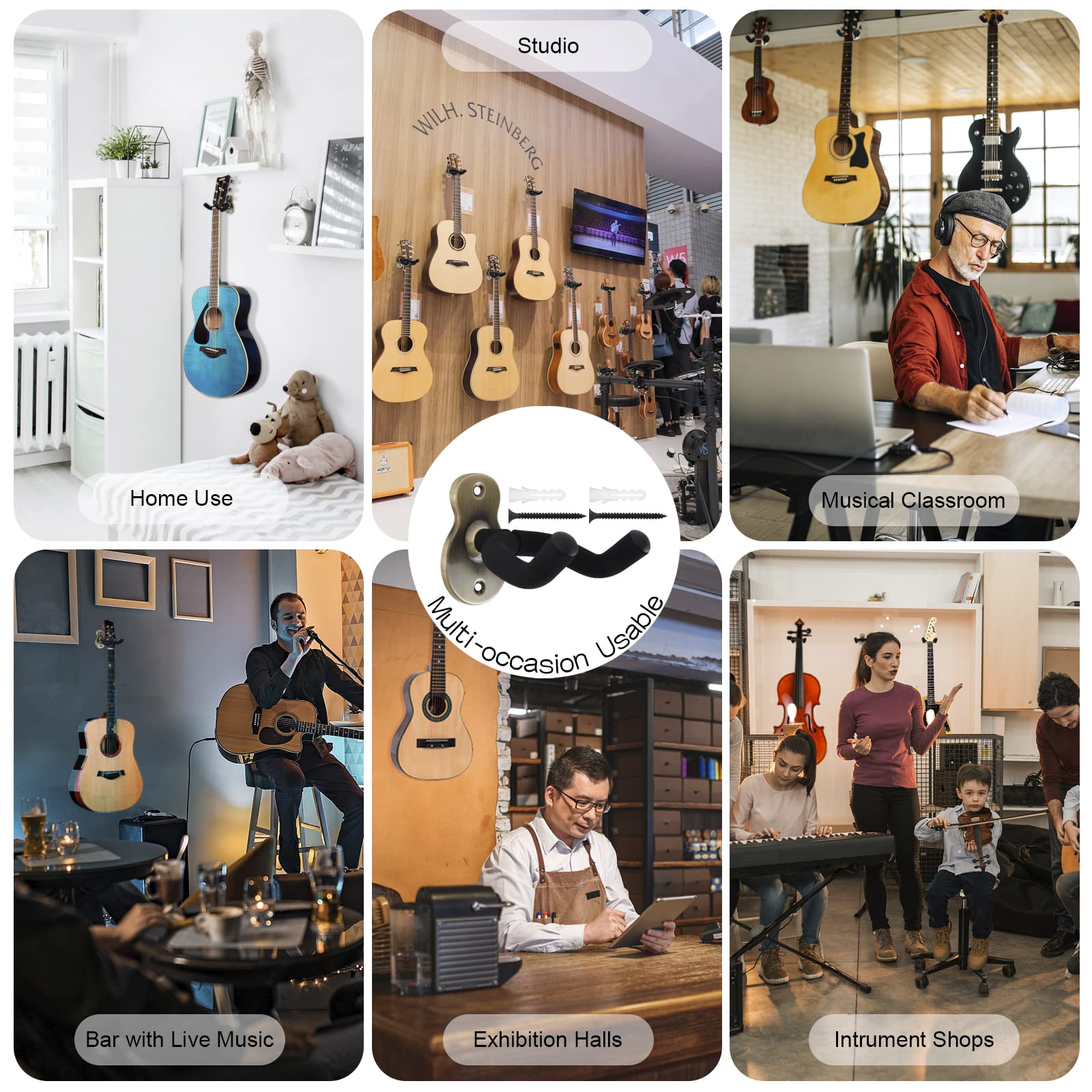 2 uchwyty metalowe ścienne na gitarę, ukulele i gitarę akustyczną, antypoślizgowy, z gąbkami, wieszak ścienny