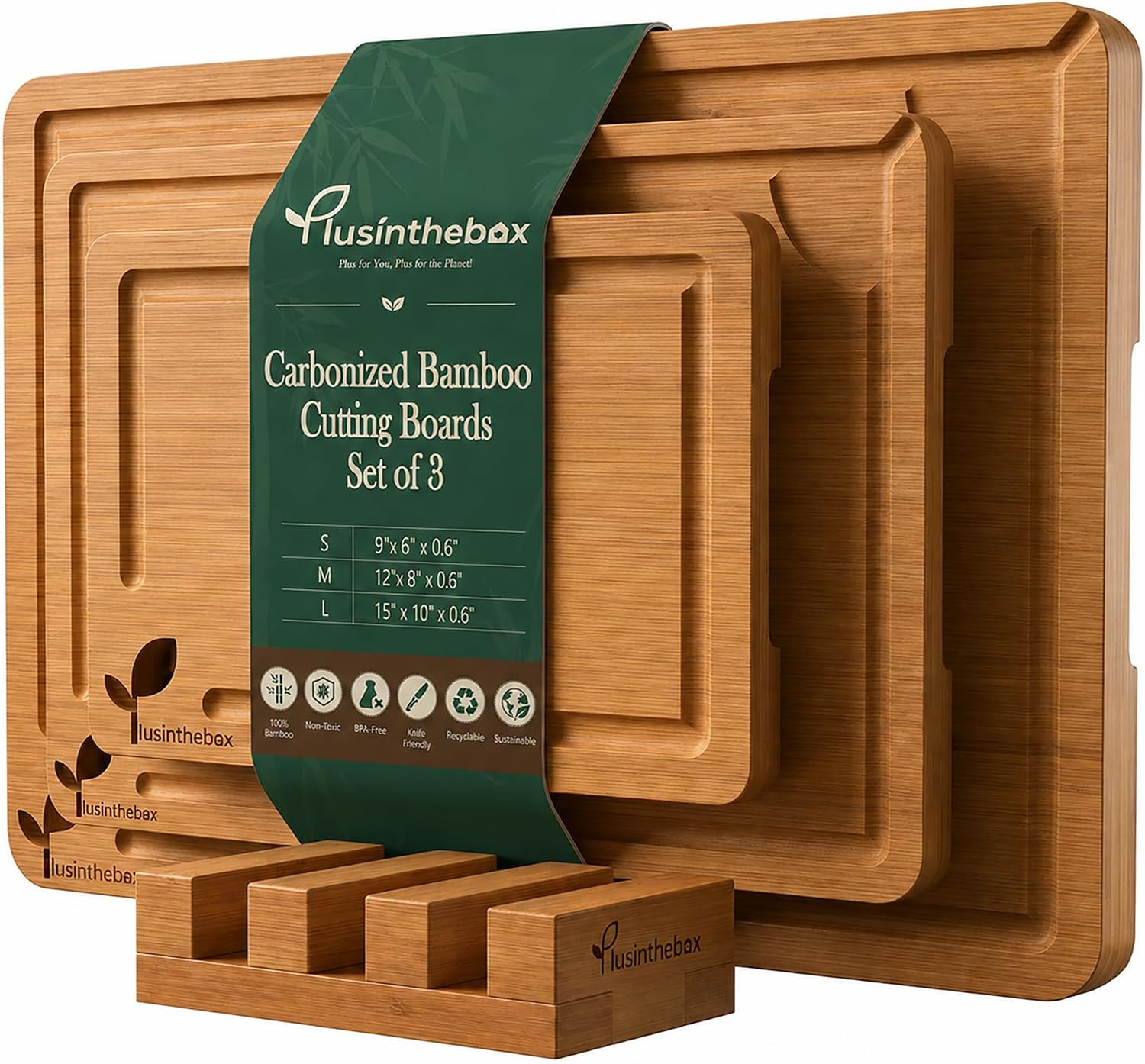 Cutting Boards for Kitchen,Set of 3 Deep Carbonized Bamboo Cutting Board Set with Holder,Butcher Block Style Chopping Boards for Serving, Charcuterie, Meat, Fruit and Meal Prep