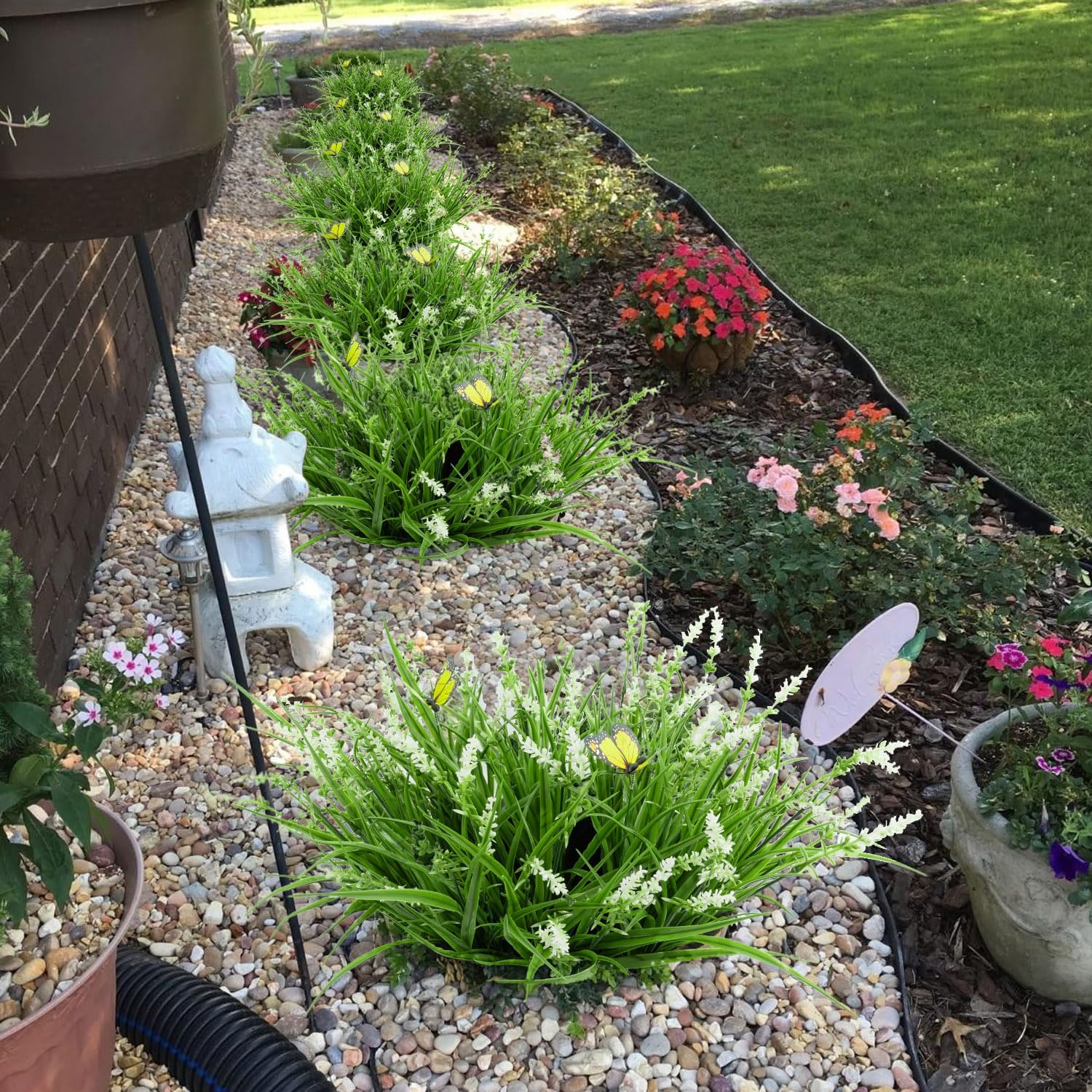 16 Bundles Artificial Outdoor Plants and 2 Pcs Butterfly Stakes Fake Monkey Grass with Flowers UV Resistant Faux Plant Greenery for Outside Planter Porch Patio Garden Window (White)