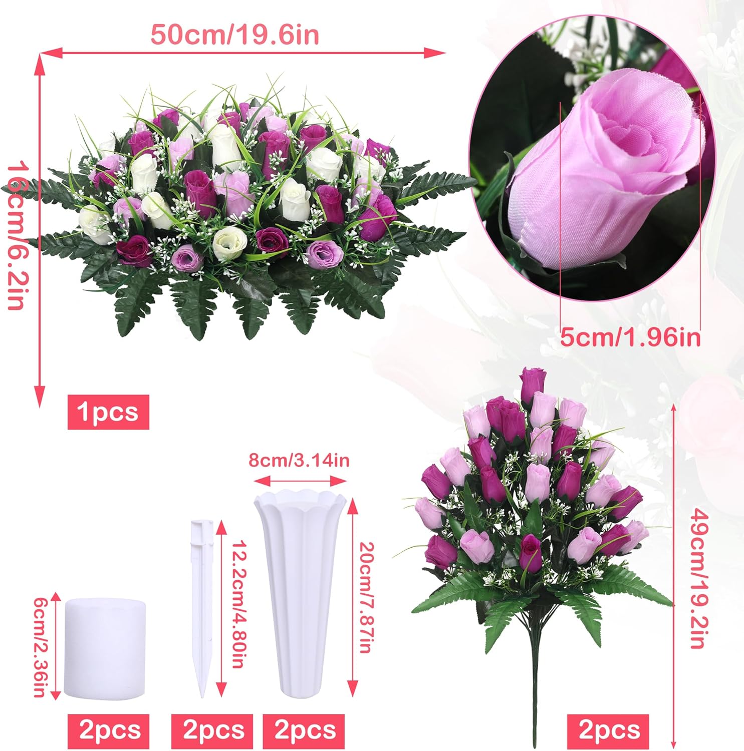 Lodou Artificial Cemetery Flower Saddles for Graves, Cemetery Memorial Flowers with Vase and 2 Memorial Bouquets for Grave Tombstone,Outdoor Grave Saddle Headstone Decorations (Purple White)