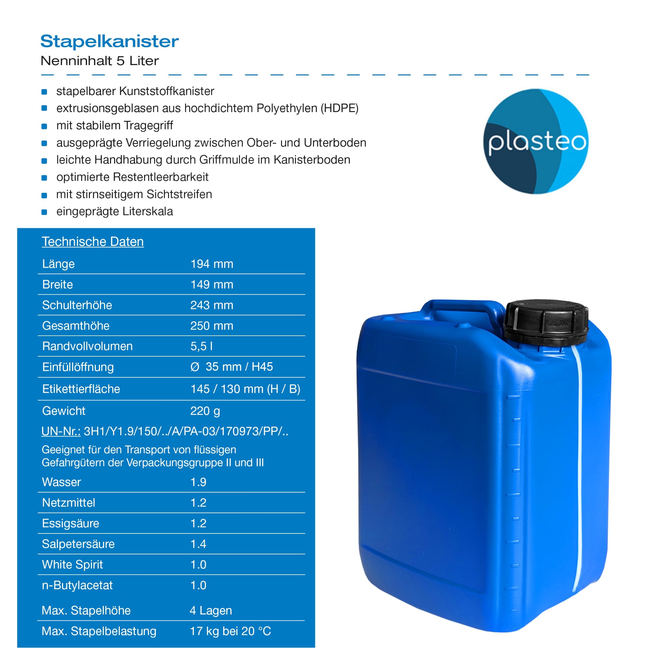 plasteo® 10 taniche da 5 litri, con chiusura di sicurezza (DIN 51), adatte per alimenti, impilabili e stabili, qualità pesante, resistenti e durevoli, per interni ed esterni, senza BPA, blu