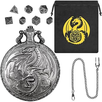 Mini DND Dice Set Steampunk Winged Dragon Pocket Watch Shell Case 7-Piece Polyhedral Metal D&D Dice DND Gift Bag with Dragon Logo Role Play Board Game Accessories Dark Silver