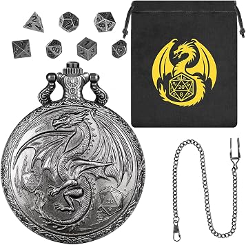 Mini DND Dice Set, Steampunk Winged Dragon Pocket Watch Shell Case, 7-Piece Polyhedral Metal D&D Dice, DND Gift Bag with Dragon Logo, Role Play Board Game Accessories, Dark Silver