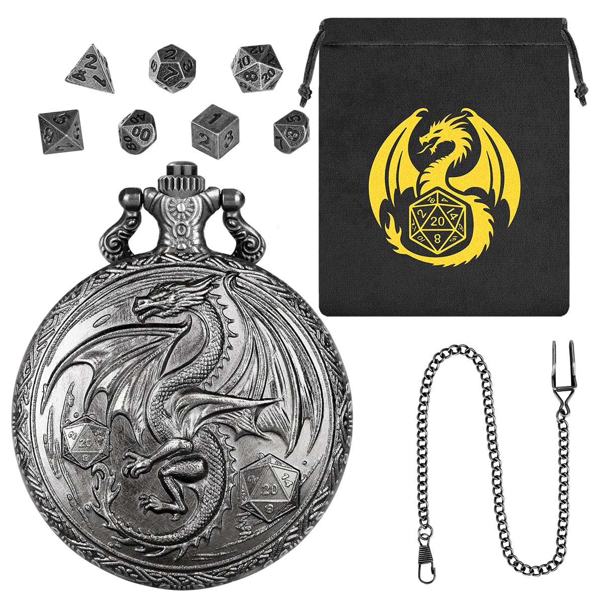 Mini DND Dice Set, Steampunk Winged Dragon Pocket Watch Shell Case, 7-Piece Polyhedral Metal D&D Dice