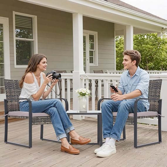 Bezseller 3-Piece Patio Furniture Set, Wicker Bistro Set, Grey