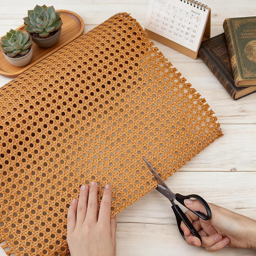 MAYJOYDIY Plastic Rattan Cane Webbing Roll 118 × 17 Inch Woven Open Mesh Cane Weave Rattan Sheets for Furniture Chair Cabinet Ceiling Bed Door Decoration, Sandy Brown Tone
