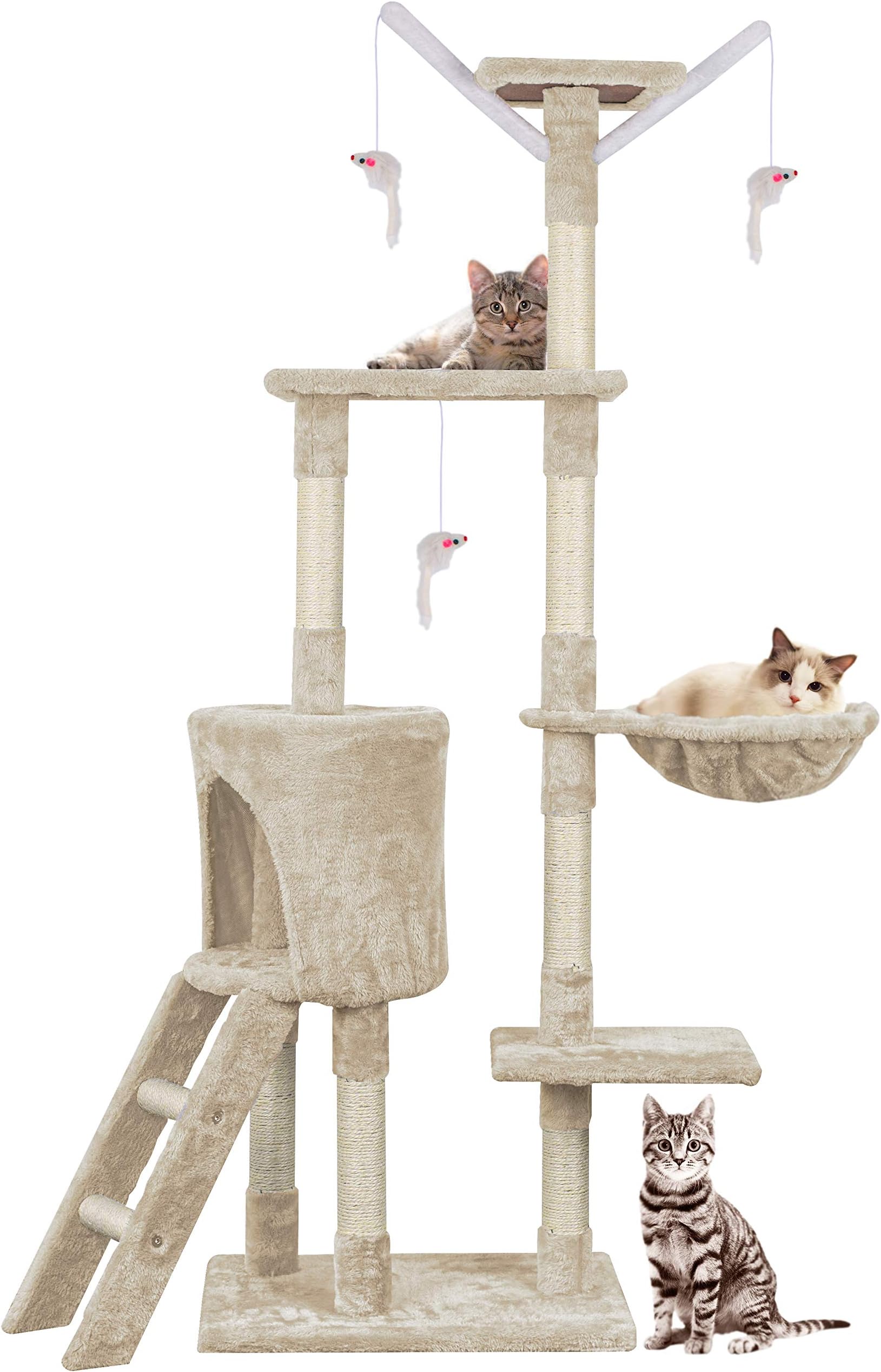 Cat Tree, Cat Scratch Posts 145cm Multi-Level Stable Climbing Tower Trees with Ladder, Indoor Pet Activity Furniture Play House for Kitty Kitten