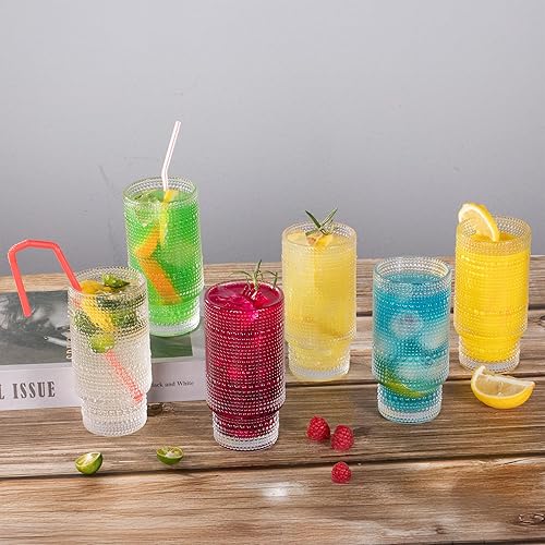 Miniatura 5 de Paquete de 6 vasos acanalados para beber, vasos de vidrio de hobnail de 12 onzas, vasos de vidrio boho transparentes en relieve para cocina, bar,