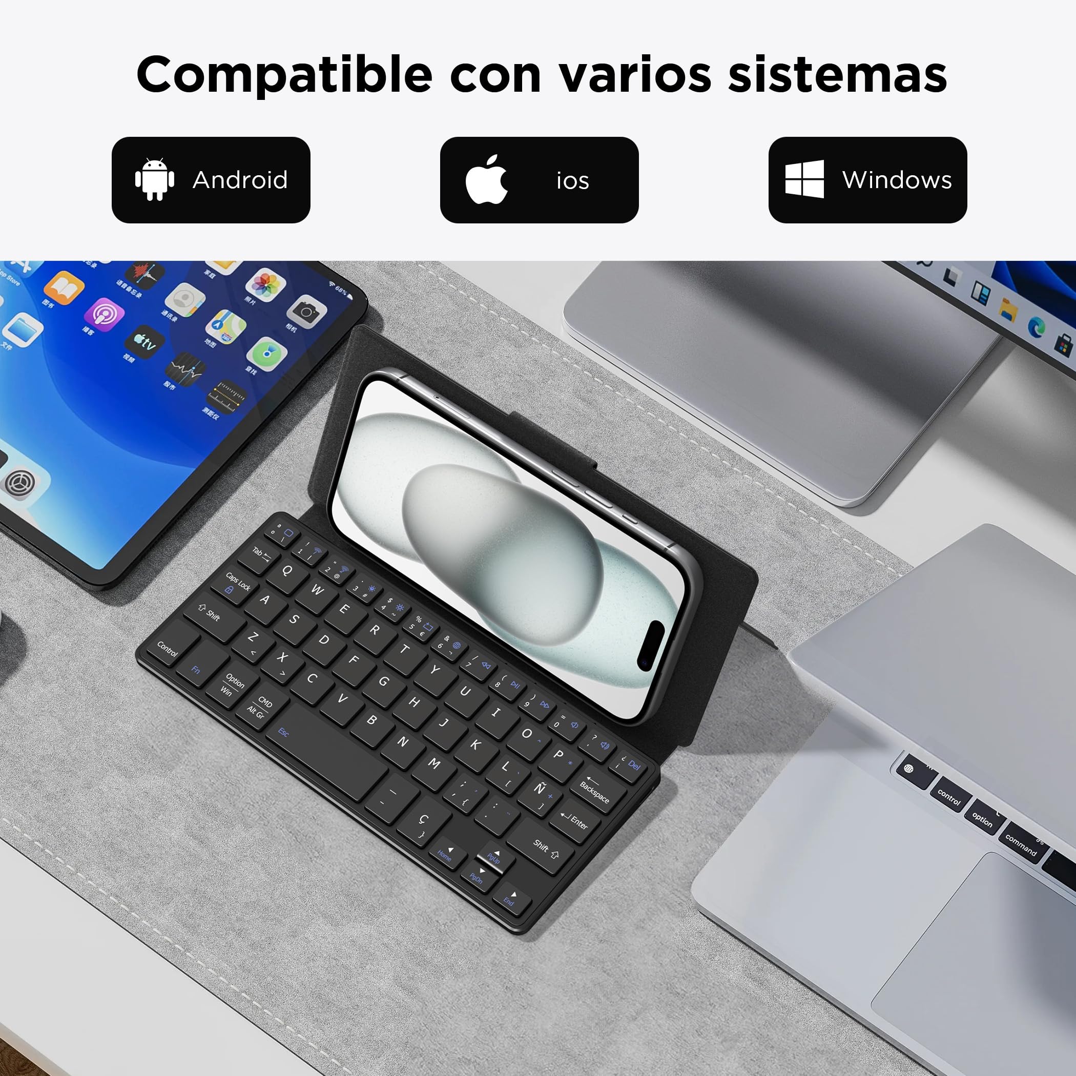 CACOE Teclado Bluetooth con Soporte, Mini Teclado para iPad, [Español] Portátil, Plegablede Doble Canal para Tablet/iPhone/iOS/Android Tablet/Windows, Negro
