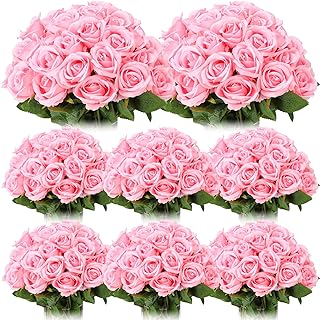 Hotop 80 Pcs Rose Artificial Flowers Bulk with Long Stem, Silk Roses Realistic Fake Flowers Bouquet for Wedding Table Centerpieces Bridal Shower Party Home Decorations(Pink)