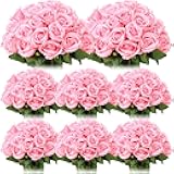 Hotop 80 Pcs Rose Artificial Flowers Bulk with Long Stem, Silk Roses Realistic Fake Flowers Bouquet for Wedding Table Centerpieces Bridal Shower Party Home Decorations(Pink)