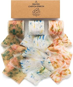 Vitalizart Printed Chiffon Ribbon 1.5" x 21Yd Tie-Dye Orange Frayed Fringe | Soft Silk-Like Floral Ribbon For Flower Bouquet Baby Shower Wedding Invitations Bridal Shower Bows Handmade Crafts