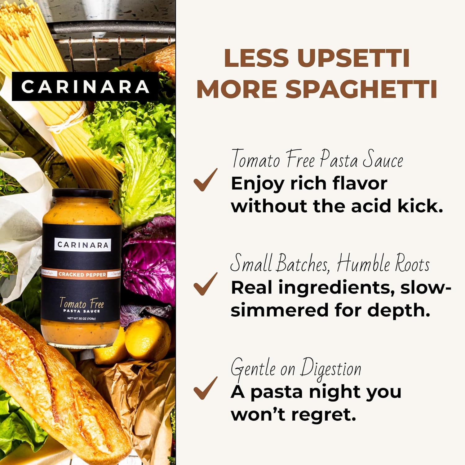 CARINARA Tomato-Free Pasta Sauce - 25oz Carrot-Based Marinara Alternative with Garlic, Onion & Cracked Pepper - Vegan, Gluten-Free, Low Acid, No Sugar (PACK OF 3)