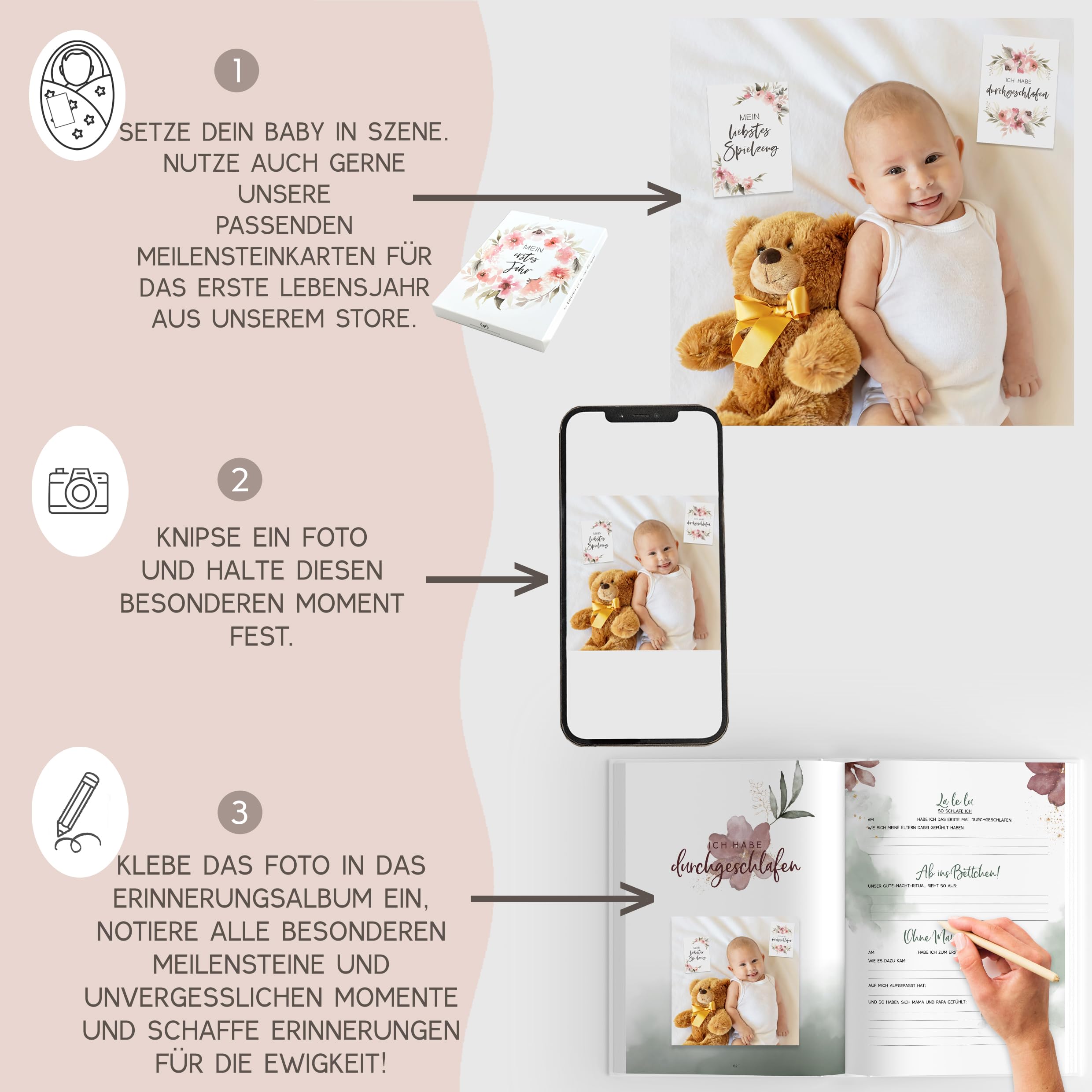 HIMMEL.HERZ.PAPIER My First Year Baby Album, Memory Book Baby Diary, DIN A4, Gift for Girls and Boys for Birth Photo Album - Image 3