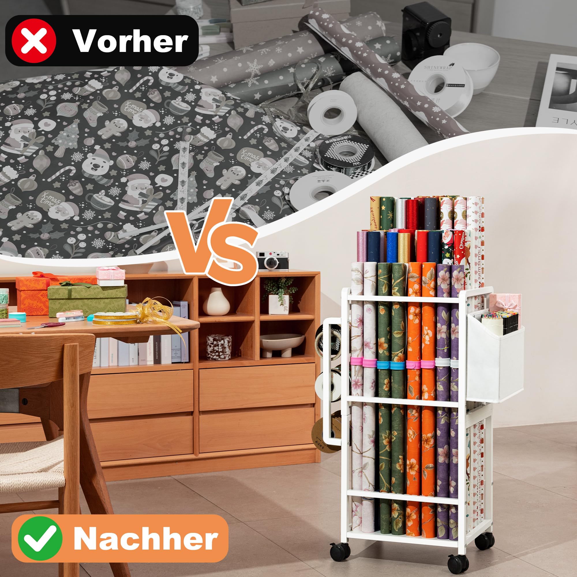 Aquzee Geschenkpapier Aufbewahrung, Geschenkpapier Organizer Rollwagen, Vertikaler Aufbewahrungswagen mit Rollen für Geschenkpapier, 3 Geschenkband Halter, 12 Schnapparmband