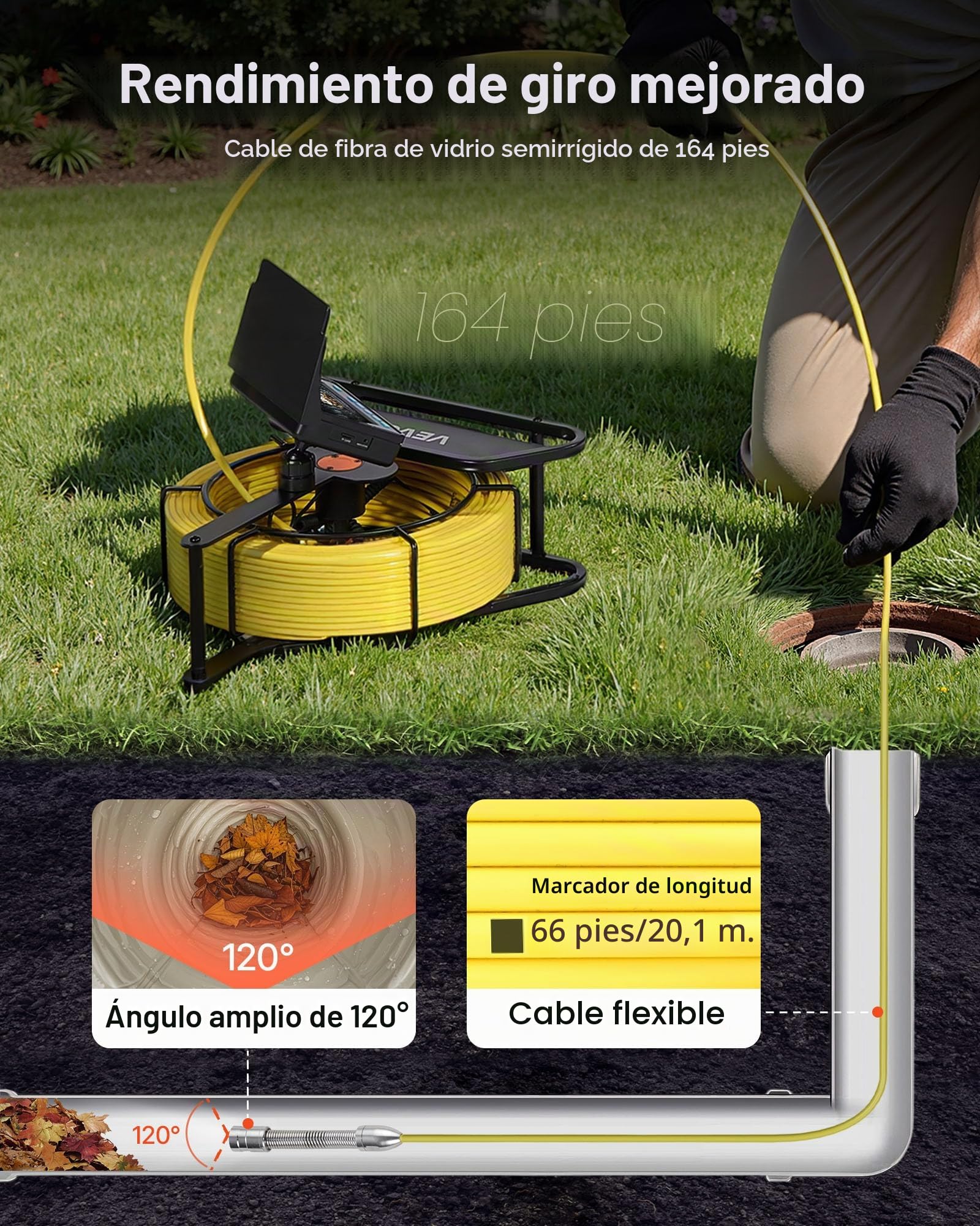 VEVOR Cámara de Inspección de Tuberías Cable de 50 m, Cámara Endoscópica con Pantalla a Color, Resistente al Agua IP68, con 6 LED, Tarjeta de 16 GB, Batería de 4500 mAh, para Alcantarillado Fontanería