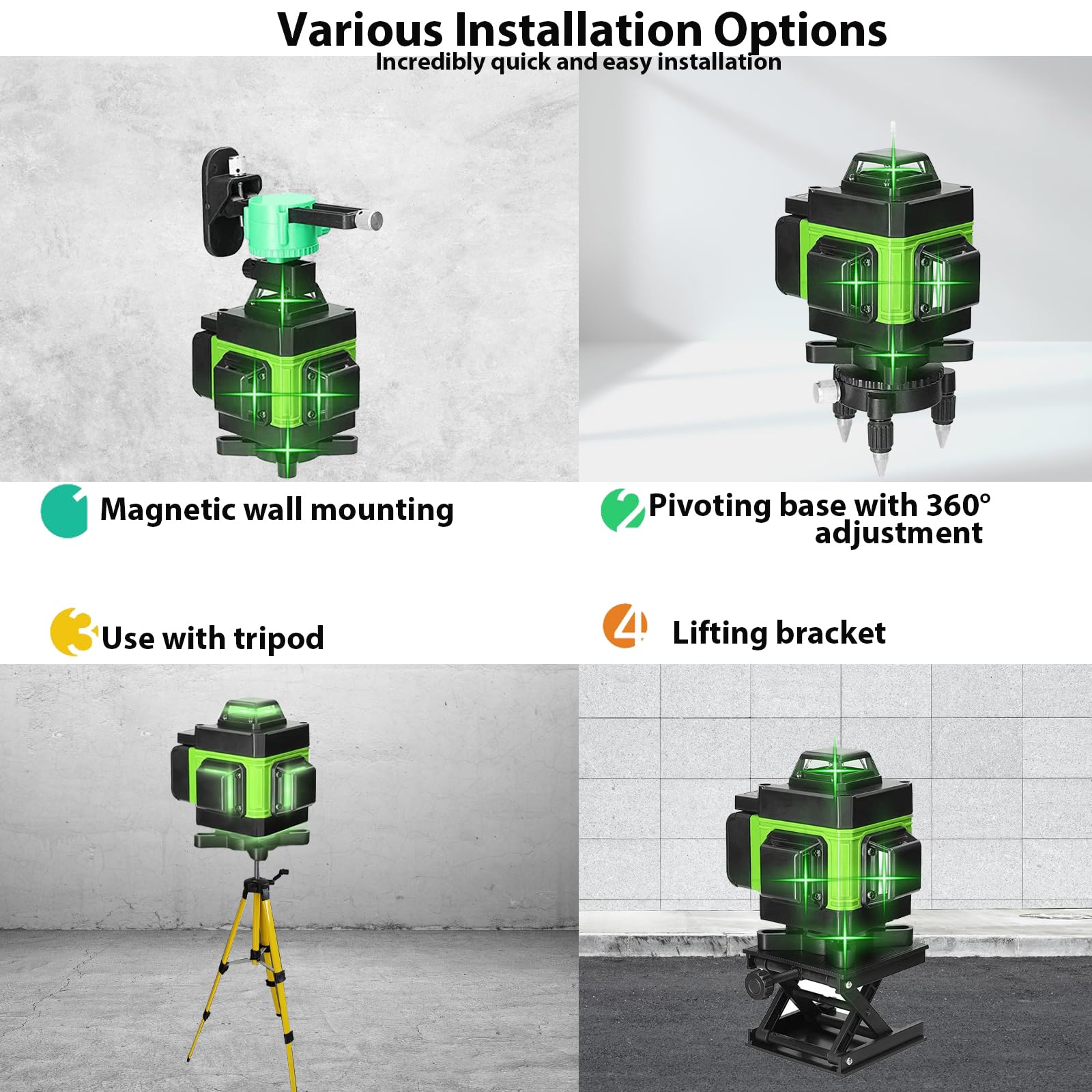 Niveau Laser 4 x 360°, 4D 16 Lignes, Rotatif Horizontal Vertical, Nivellement Automatique, avec Trépied, 2 Batteries Rechargeables