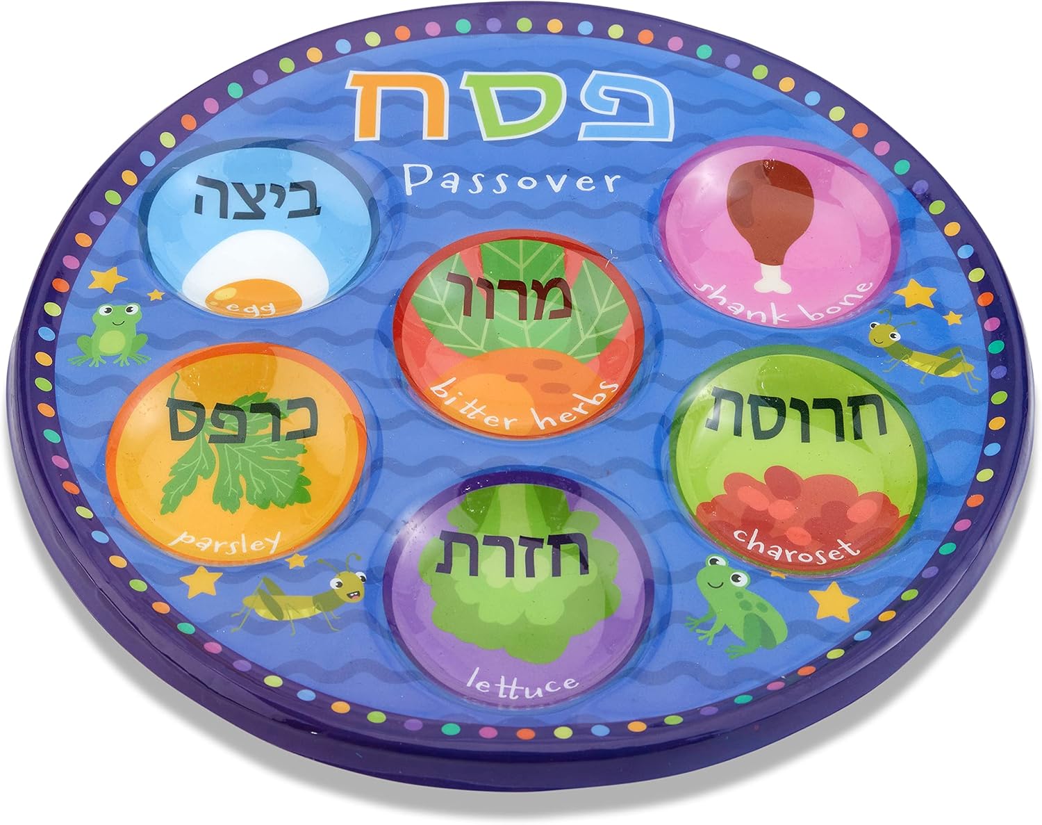 Vibrant Colors Disposable Childrens Passover Seder Plates in Bulk 10" Quality Plastic Colorful Pesach Seder Plate for Kids Marked with Traditional Seder Food Specialty Dishware by Zion Judaica 6-Pack