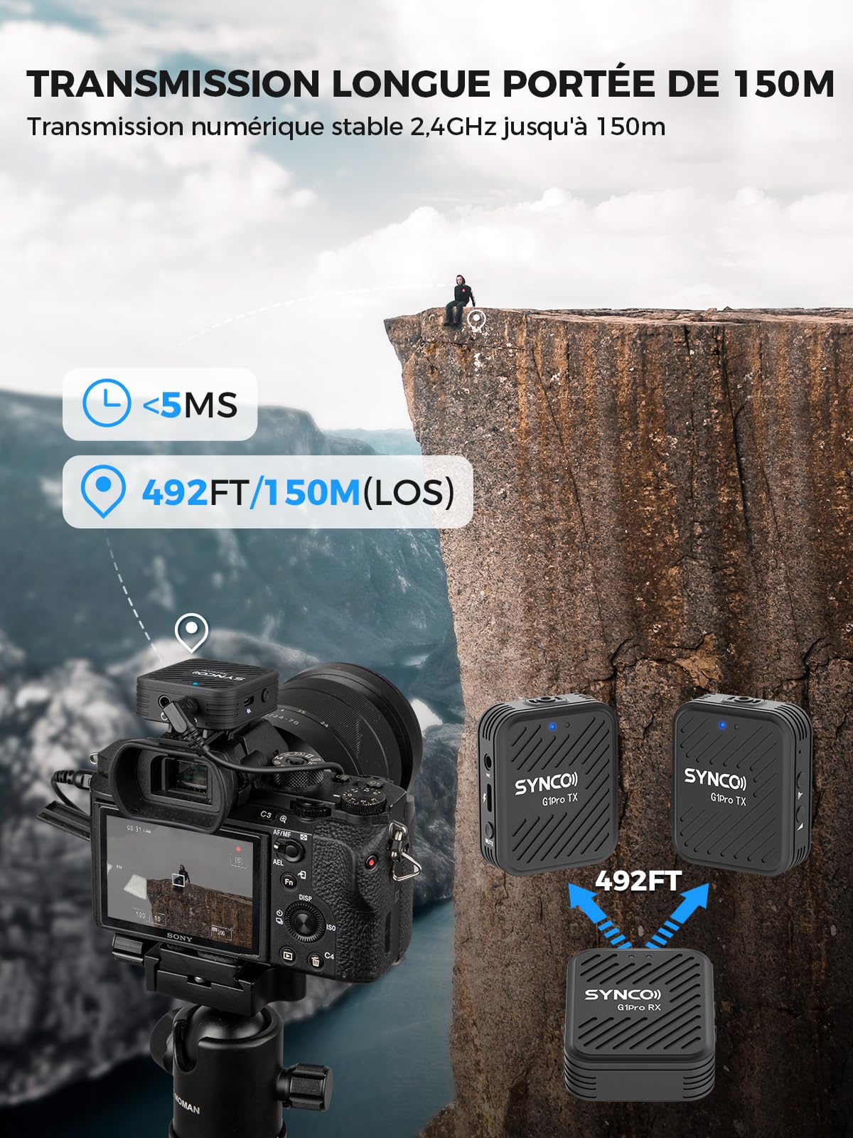 Micro Cravate sans Fil SYNCO G1(A2) Pro, Double Ensemble de Micro-Cravates,150m de Portée, 8h d'Autonomie, pour Vidéos en Ligne, Interviews, Vlogs, Caméras, Smartphones et Tablettes.
