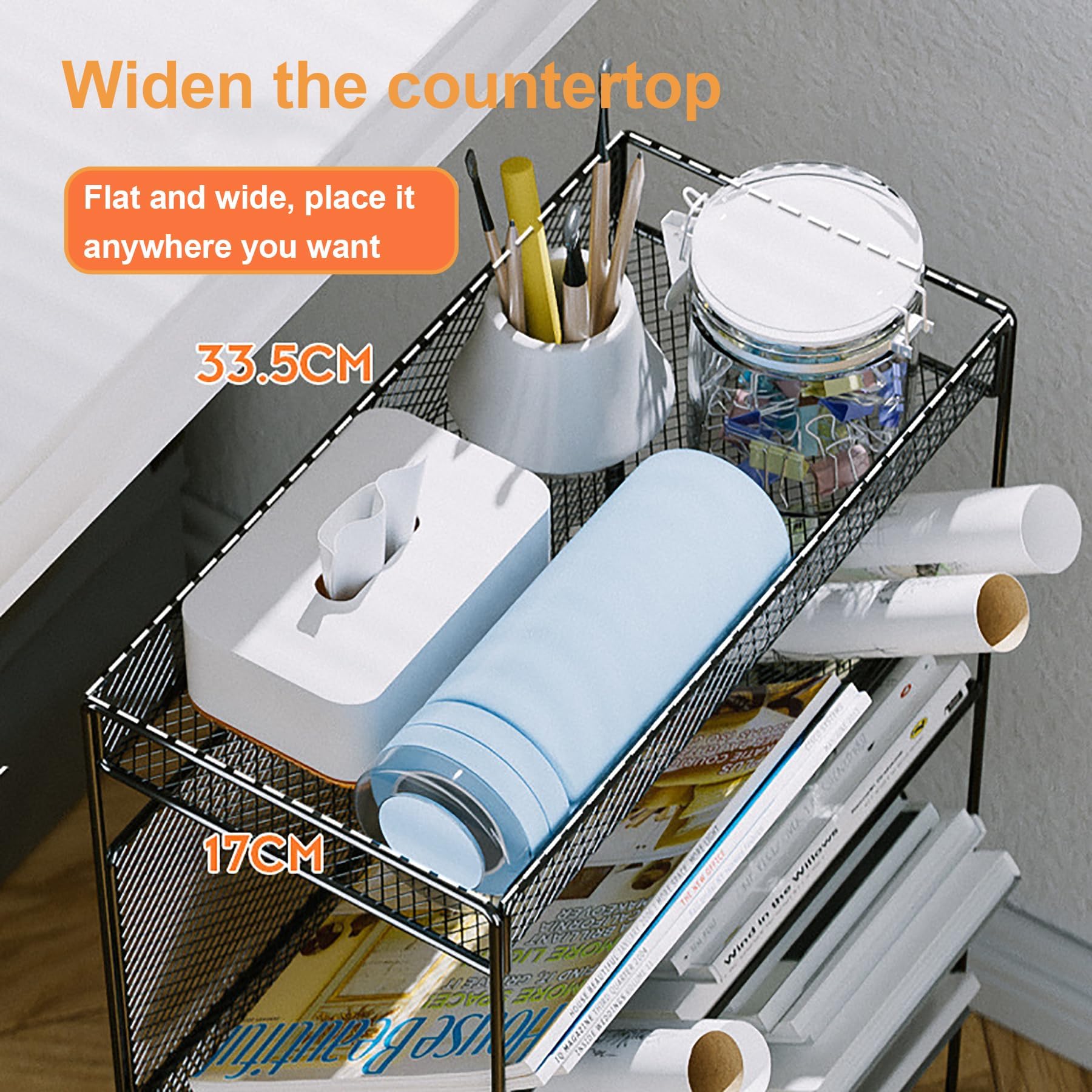 Carrito rodante de metal de 5 niveles delgado para almacenamiento utilitario para escuela, oficina, aula, dormitorio, biblioteca, habitación de los niños, elegante diseño blanco