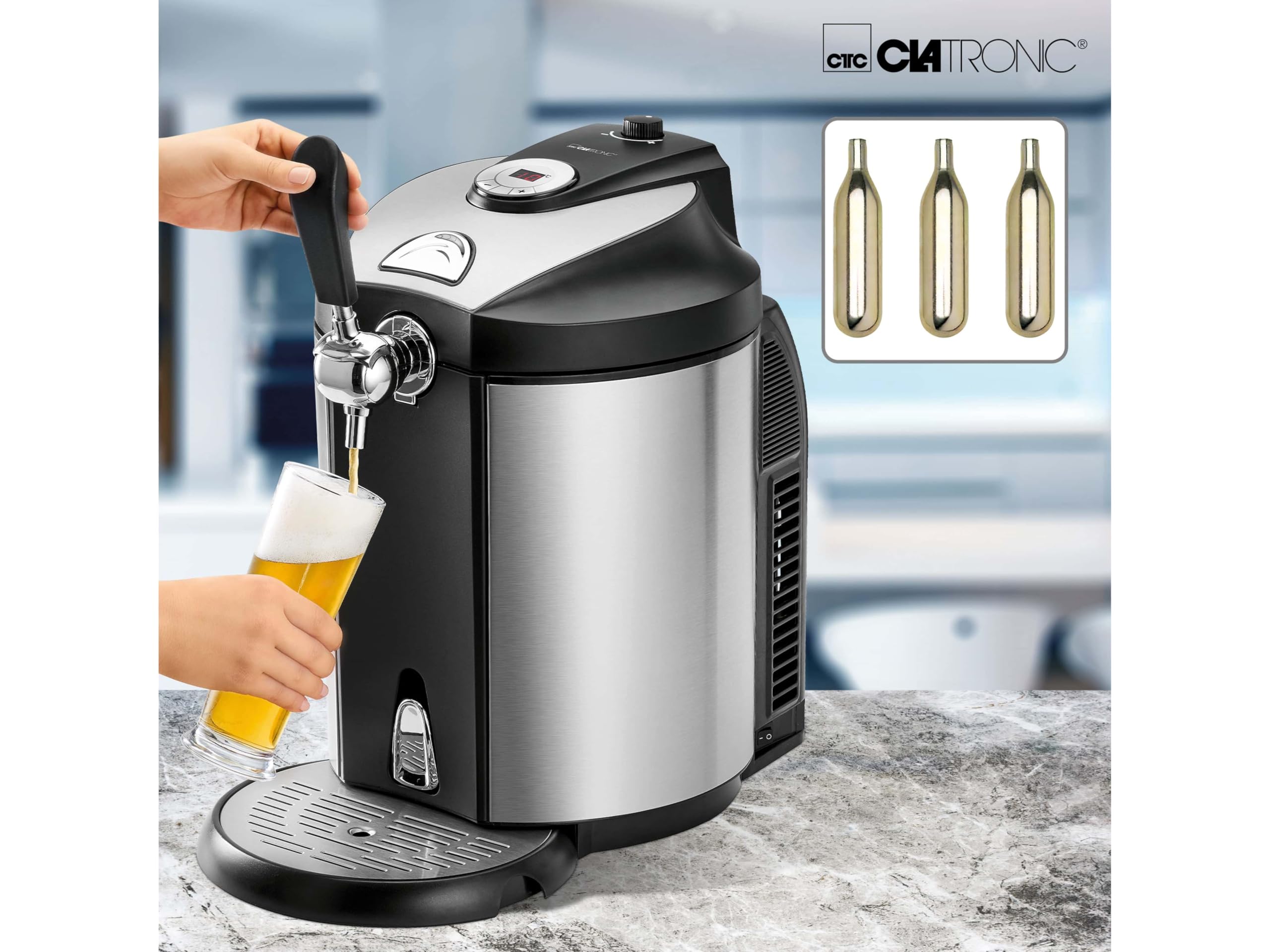 Erogatore di birra Clatronic | Fusti da litro | Raffreddamento da 2 °C a 12 °C | Erogatore | incl. 3 cartucce di CO2 | Regolazione della temperatura | BZ 3740