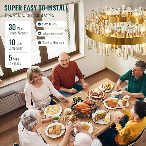 Miniatura 6 de Siljoy Candelabro moderno de cristal de 12 luces de oro cepillado de 2 niveles con forma de gota de lluvia de cristal, ajustable, montaje empotrado,