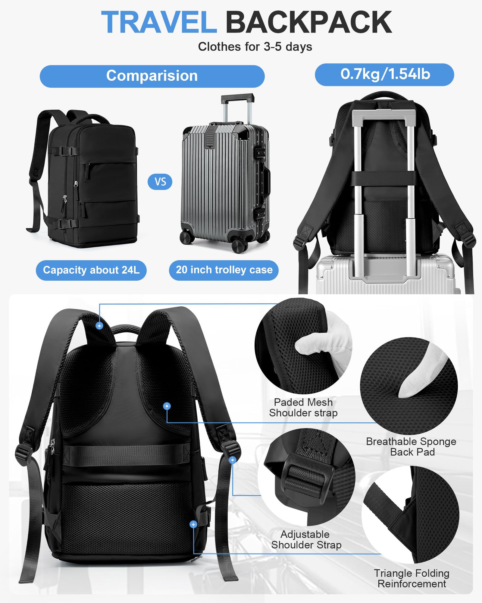 BJLFS Borse da Cabina per Ryanair 40x20x25 Zaino sottovuoto da viaggio Bagaglio a Mano con compressione sottovuoto,Zaino Easyjet 45x36x20,Zaini Casual per laptop da 14 pollici per scuola