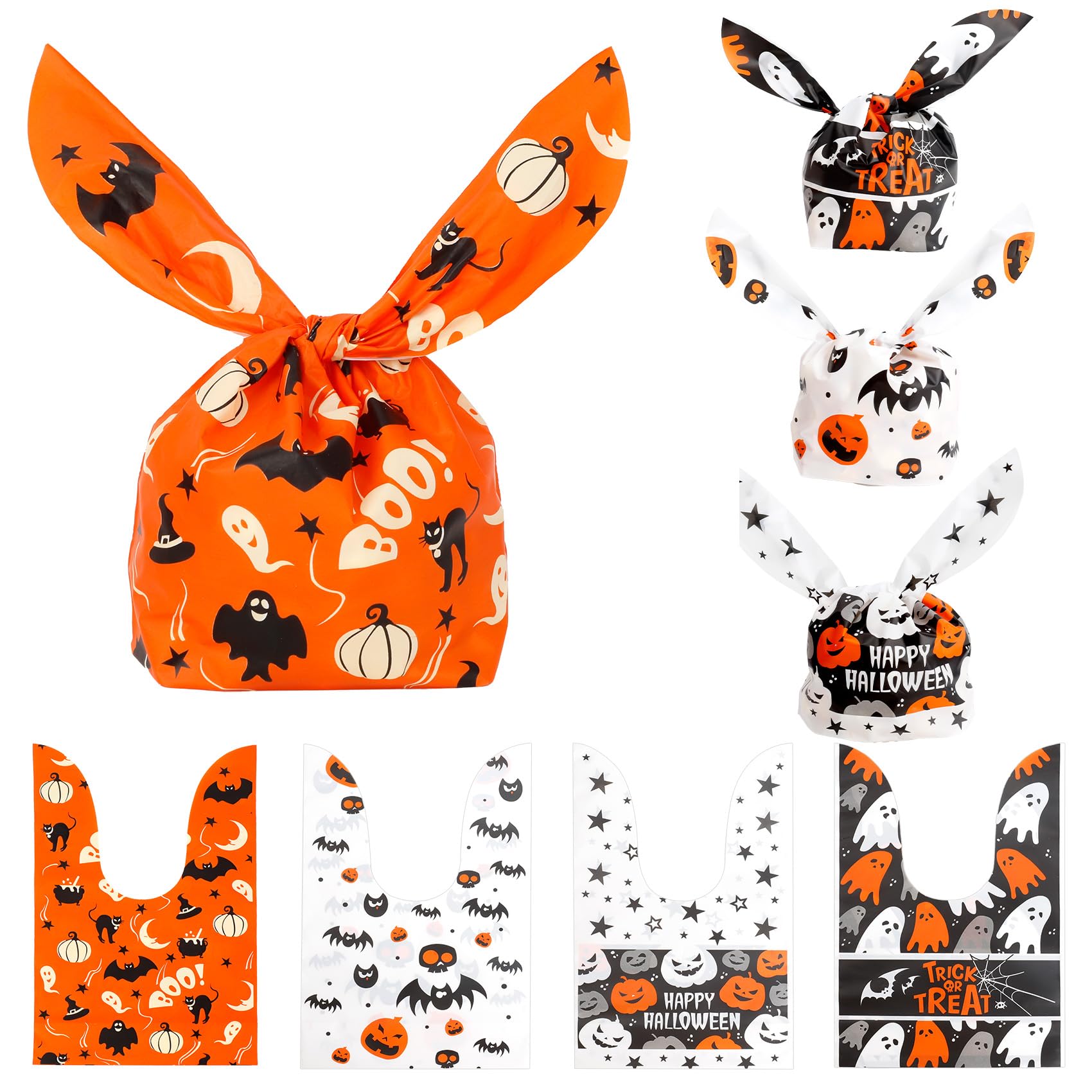 70 Sachets Bonbons Halloween Oreilles De Lapin - 14x23 Cm - 7 Motifs - Plastique Résistant - 9