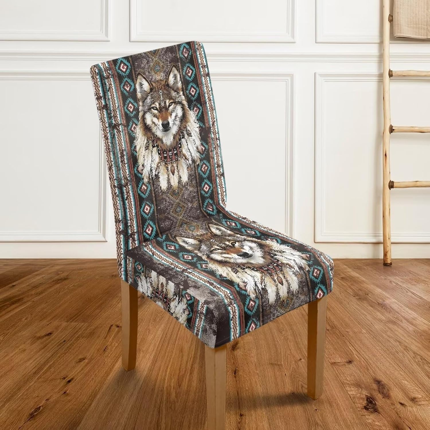 Rnyleeg Aztec Wolf Dining Chair Covers Set of 6 Ethnic Style Chair Covers for Living Room No Arms Stretch Chair Slipcover for Home Kitchen Cubre Sillas para Comedor