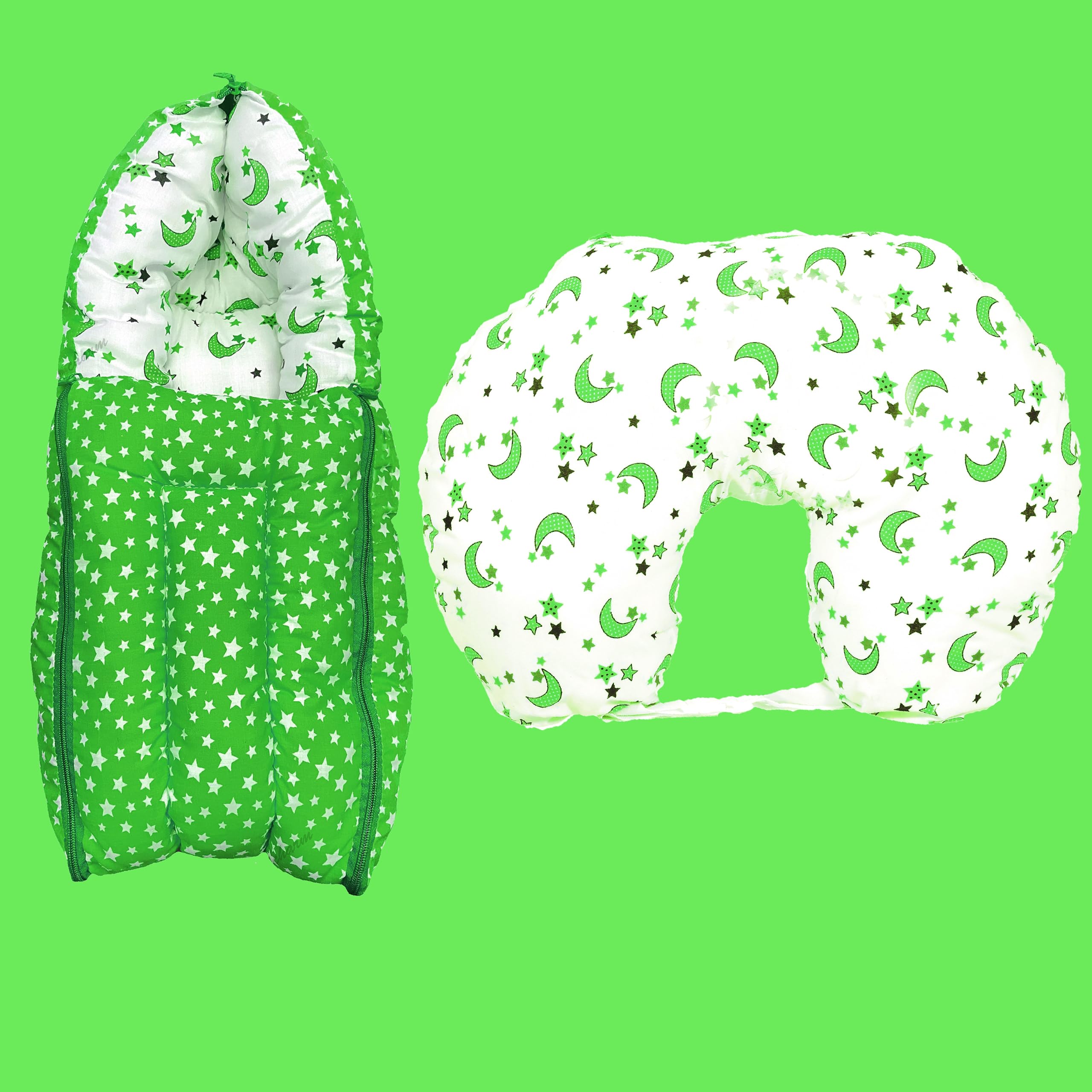 Kid's Charm Star-Moon 2 PCS Combo Set |3 in 1 Baby's Cotton Bed Cum Carry Bed|5 in 1 Baby's Cotton Breast Feeding Pillow with Safety Belt for 0-4 Months (Green)