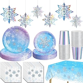 Uiifan 87 Pcs Snowflake Party Supplies 20 Set Christmas Snowflake Disposable Tableware Paper Plates Cups Napkins 1 Tablecloth 6 Pcs 3D Hanging Snowflakes for Winter Xmas Decorations