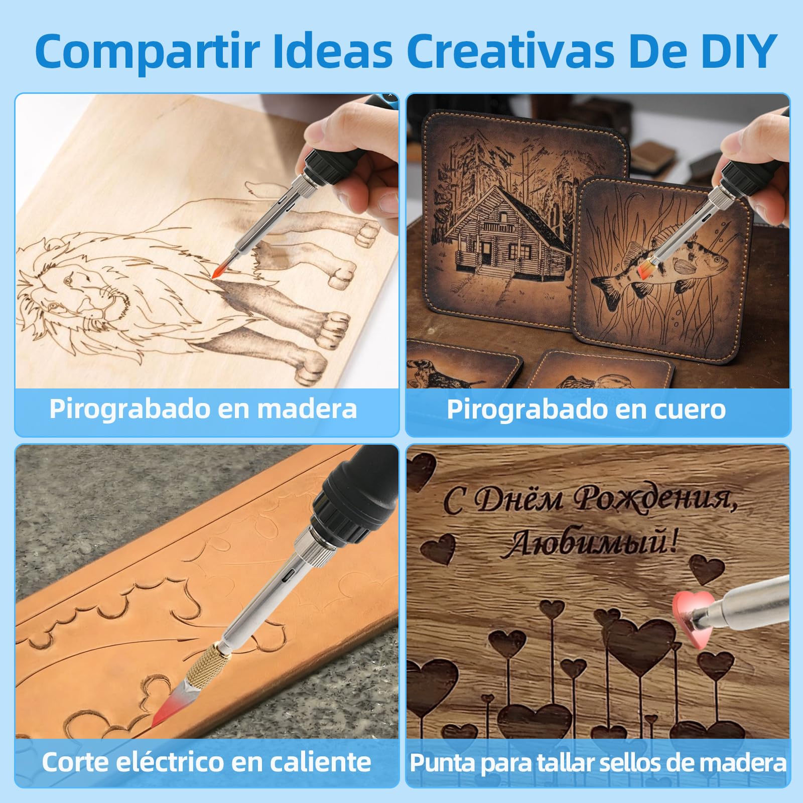HANDSKIT 52pcs Kit Pirograbador de Madera,pirograbado en madera,Kit Pirograbadores Eléctrico 90W Temperatura Regulable entre 180°C y 480°C,Soldador Pirografo Profesional para Madera,Cuero,Grabado