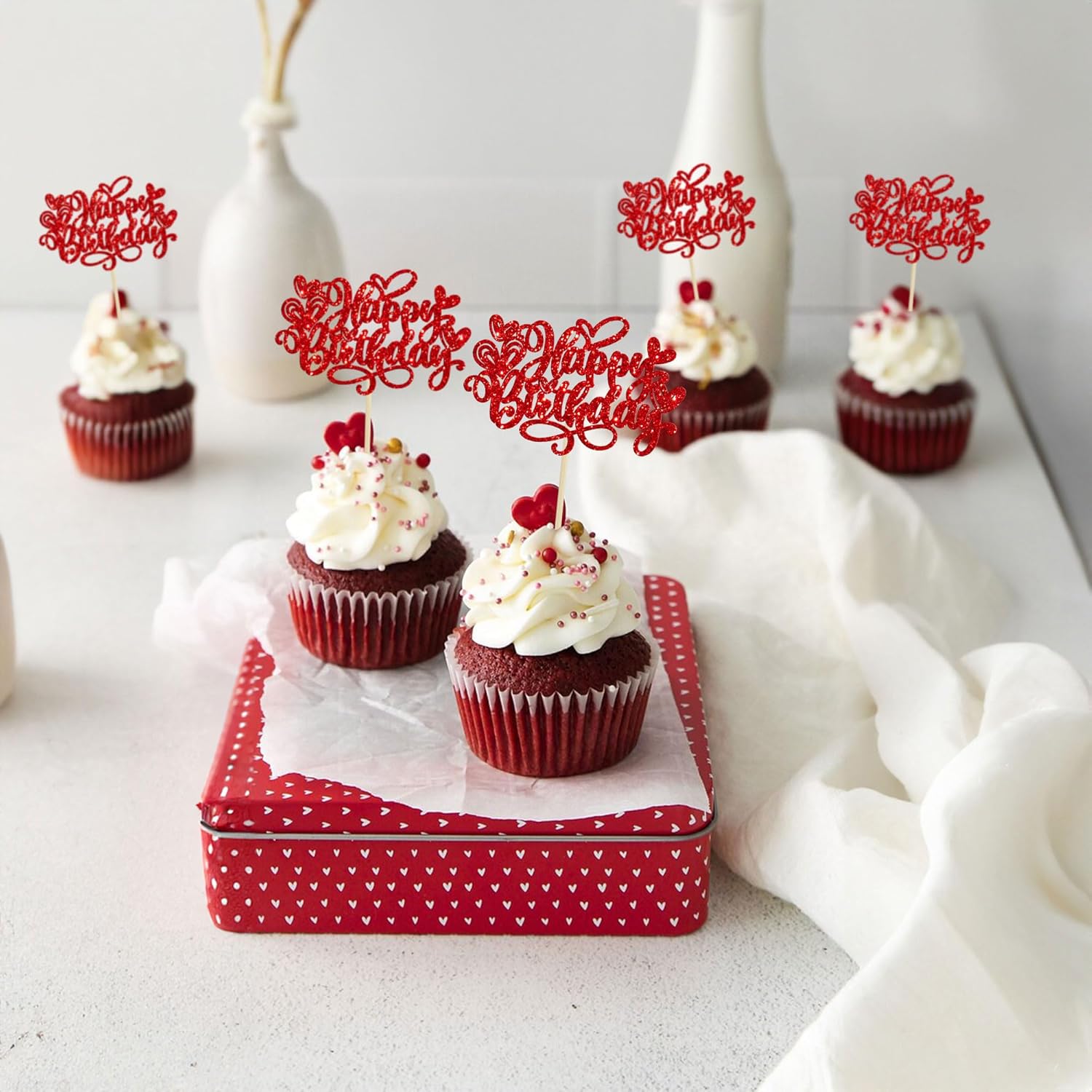 Ephlyn 24Pcs Valentine's Day Happy Birthday Cupcake Toppers Glitter Sweet Love Heart Valentine's Day Cupcake Picks for Valentine's Day Birthday Party Cake Decorations Supplies Red - Image 4
