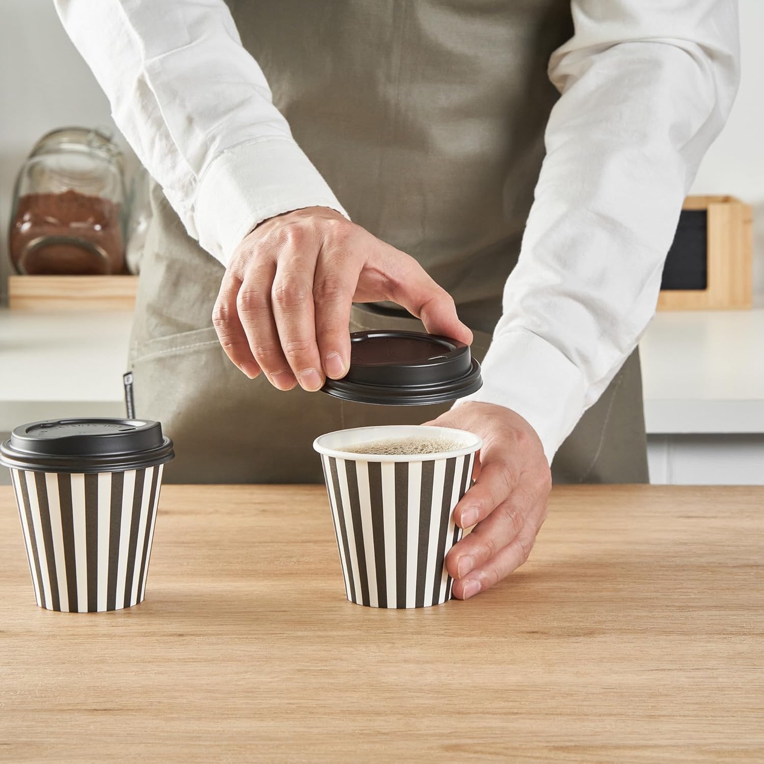 8 Ounce Disposable Coffee Cups With Lids, 400 Hot Cups With Lids - Sleeves Sold Separately, Single Wall, Black And White Stripe Paper Coffee Cups, For All Kinds Of Beverages - Restaurantware