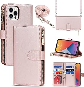 Crossbody Phone Wallet for iPhone 12 Pro/12 Case with Strap,6.1",Rosegold | for Women Men,Credit Card Holder,9 Card Slots,Purse,Long Shoulder Lanyard,Short Wrist Strap,Zipper Pocket,PU Leather