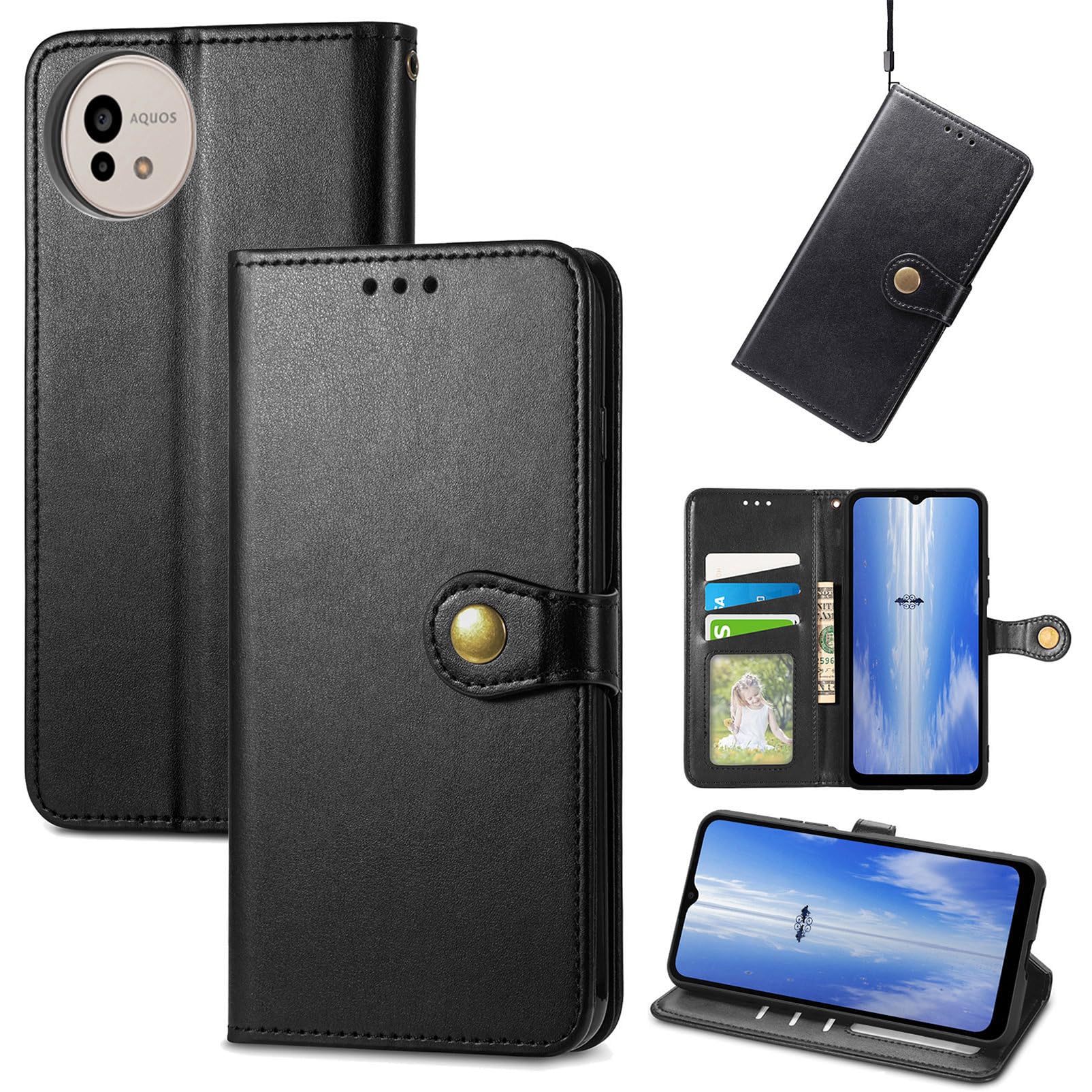 for AQUOS wish 5 ケース 手帳型 ビジネスフリップノートレザーケースシンプルなレトロなファッション携帯電話ケース防水と汚れた携帯電話ケース多機能財布収納付きスタンド携帯電話シェルPUレザー保護カバー耐久性のある摩擦(黒)
